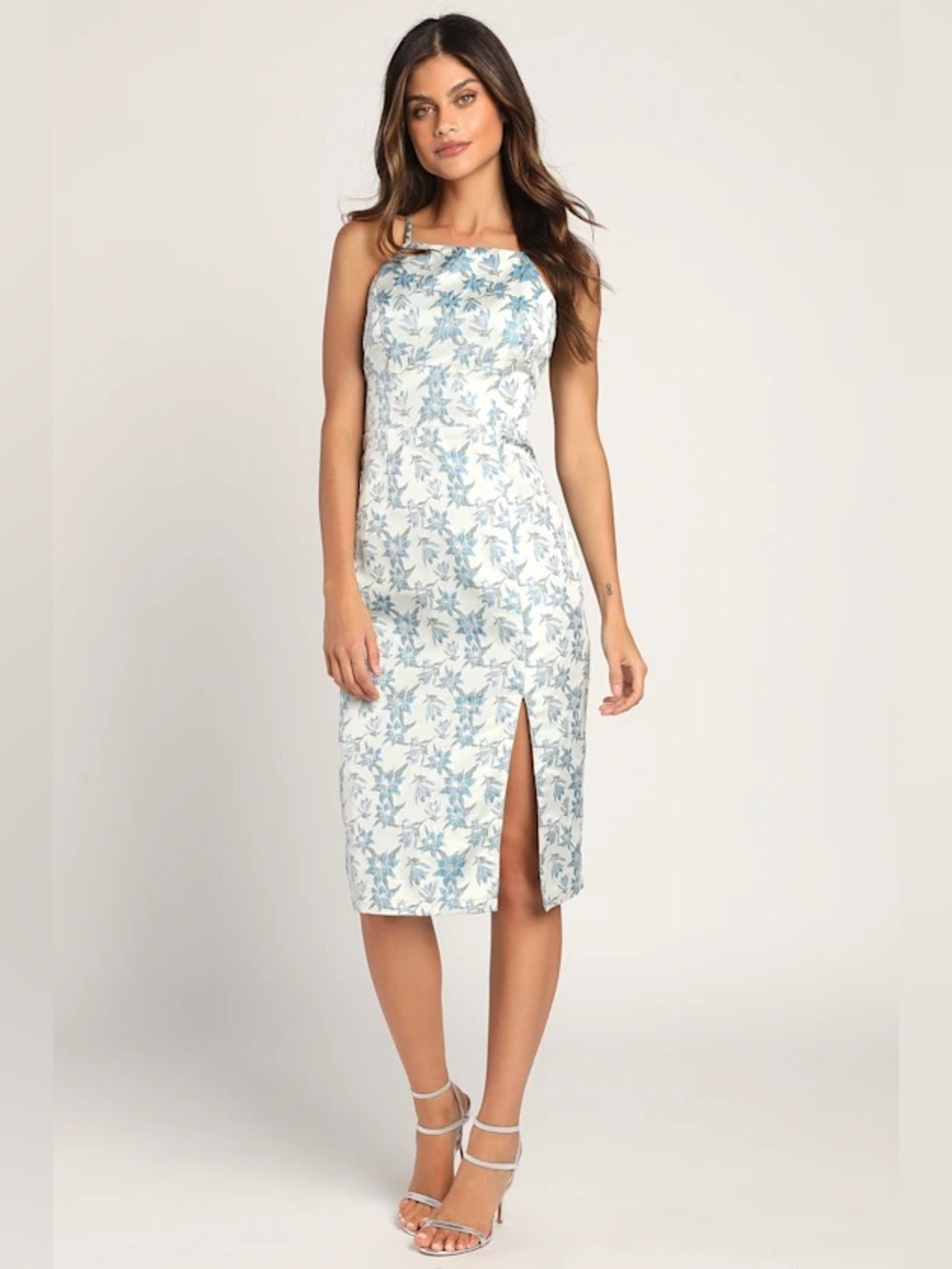 Lulus Versailles Vibes Light Blue Jacquard Metallic Midi Dress M